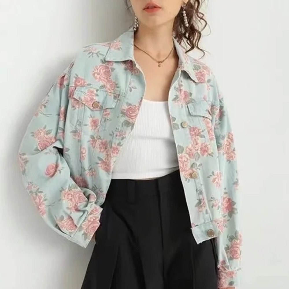 Floral denim jacket puff sleeve jean jackets pocket flowers blue